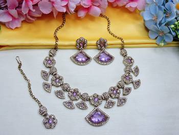 Purple yellow gold premium designer american diamond and stone work necklace set 2