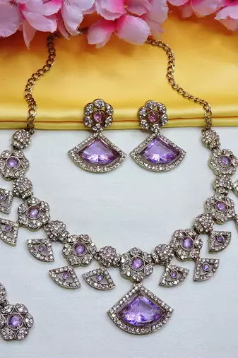 Purple yellow gold premium designer american diamond and stone work necklace set