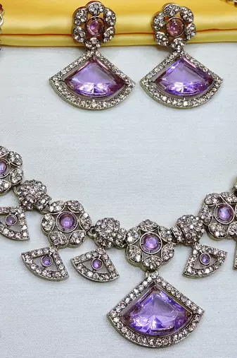 Purple yellow gold premium designer american diamond and stone work necklace set