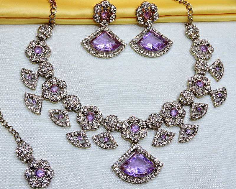 Purple yellow gold premium designer american diamond and stone work necklace set