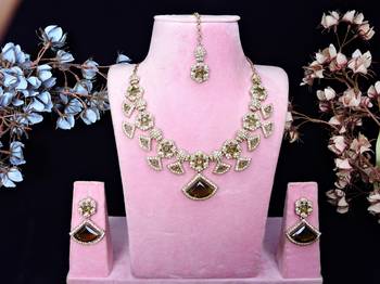 Green yellow gold premium designer american diamond and stone work necklace set 1