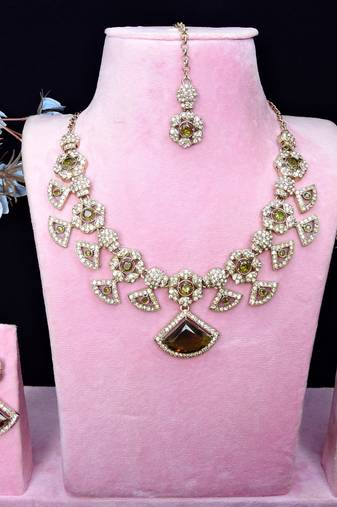 Green yellow gold premium designer american diamond and stone work necklace set