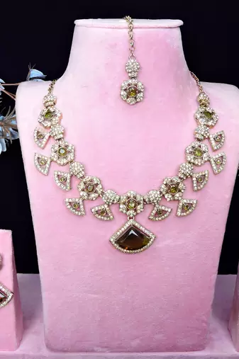 Green yellow gold premium designer american diamond and stone work necklace set