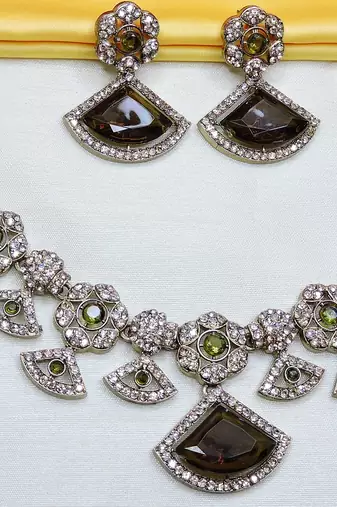 Green yellow gold premium designer american diamond and stone work necklace set