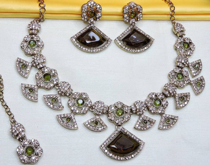 Green yellow gold premium designer american diamond and stone work necklace set