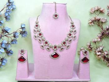 Maroon yellow gold premium designer american diamond and stone work necklace set 1