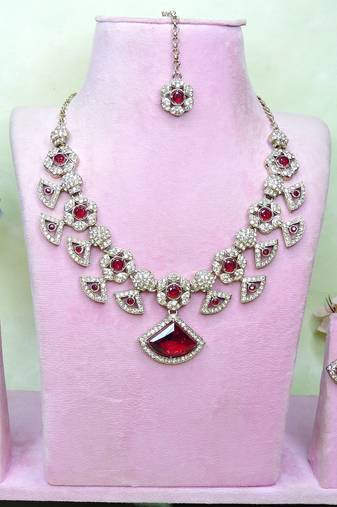 Maroon yellow gold premium designer american diamond and stone work necklace set