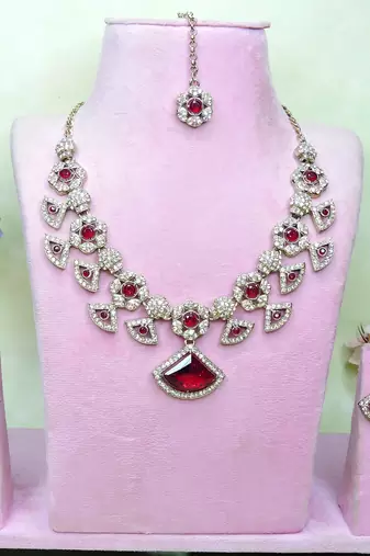 Maroon yellow gold premium designer american diamond and stone work necklace set