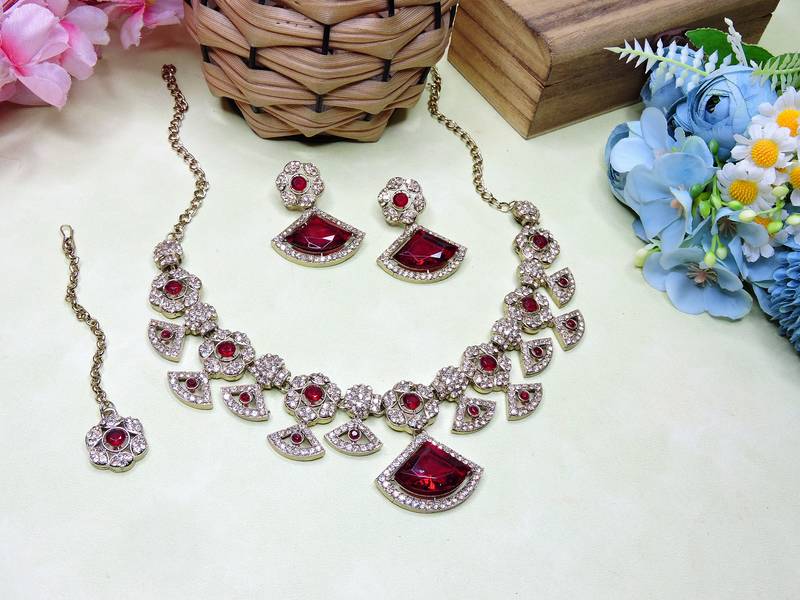 Maroon yellow gold premium designer american diamond and stone work necklace set