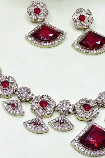 Maroon yellow gold premium designer american diamond and stone work necklace set