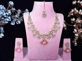 Pink yellow gold premium designer american diamond and stone work necklace set 1