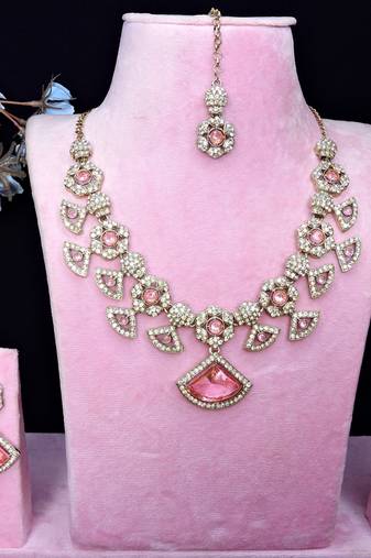 Pink yellow gold premium designer american diamond and stone work necklace set