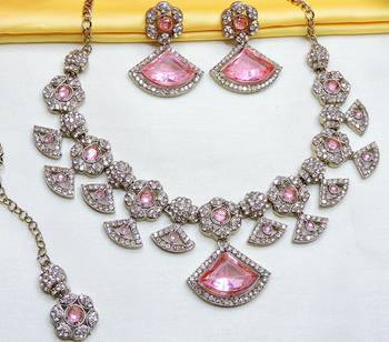Pink yellow gold premium designer american diamond and stone work necklace set 2