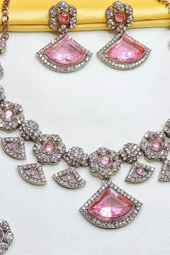 Pink yellow gold premium designer american diamond and stone work necklace set