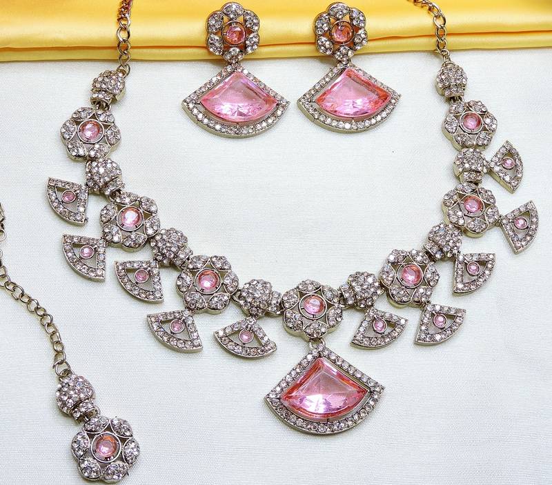 Pink yellow gold premium designer american diamond and stone work necklace set
