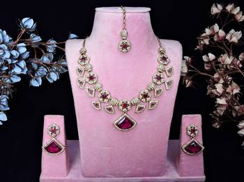 Purple yellow gold premium designer american diamond and stone work necklace set 1