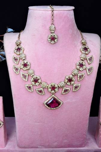 Purple yellow gold premium designer american diamond and stone work necklace set