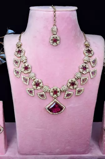 Purple yellow gold premium designer american diamond and stone work necklace set