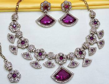 Purple yellow gold premium designer american diamond and stone work necklace set 2