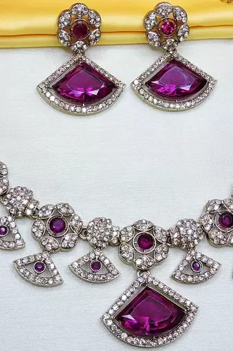 Purple yellow gold premium designer american diamond and stone work necklace set