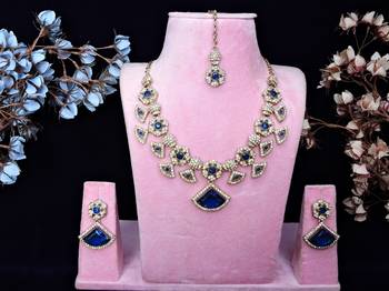 Blue yellow gold premium designer american diamond and stone work necklace set 1