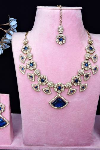 Blue yellow gold premium designer american diamond and stone work necklace set