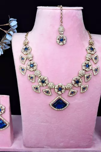 Blue yellow gold premium designer american diamond and stone work necklace set
