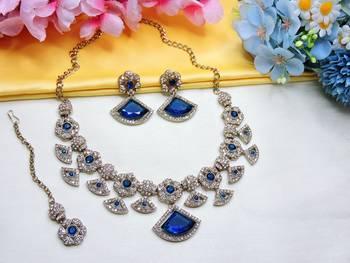 Blue yellow gold premium designer american diamond and stone work necklace set 2