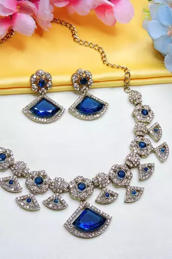 Blue yellow gold premium designer american diamond and stone work necklace set