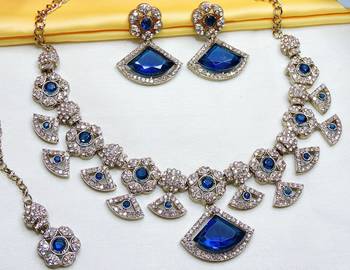 Blue yellow gold premium designer american diamond and stone work necklace set 3