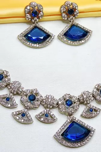Blue yellow gold premium designer american diamond and stone work necklace set