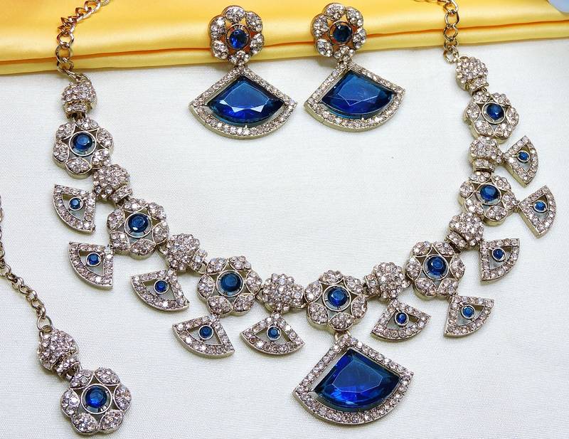 Blue yellow gold premium designer american diamond and stone work necklace set