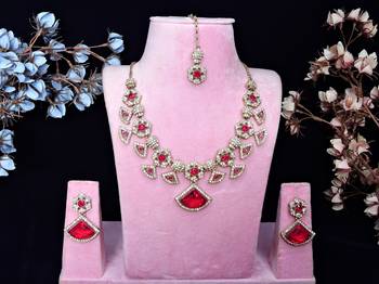 Pink yellow gold premium designer american diamond and stone work necklace set 1