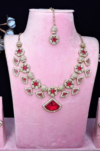 Pink yellow gold premium designer american diamond and stone work necklace set
