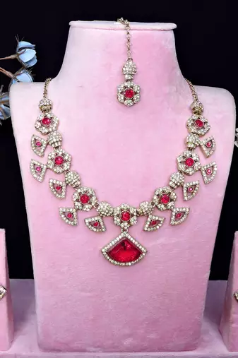 Pink yellow gold premium designer american diamond and stone work necklace set