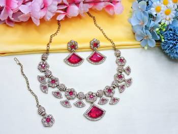 Pink yellow gold premium designer american diamond and stone work necklace set 2