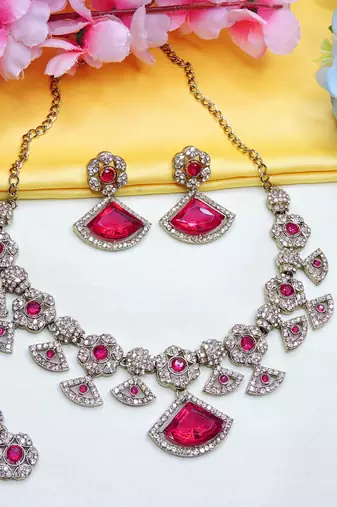 Pink yellow gold premium designer american diamond and stone work necklace set