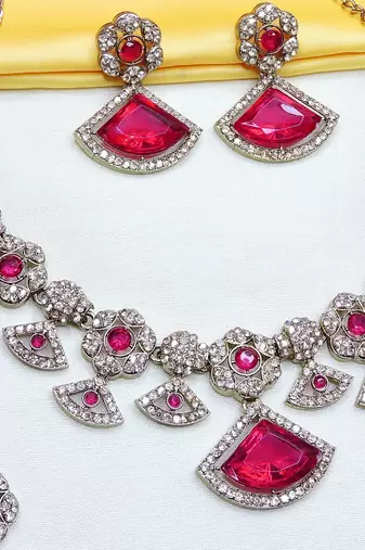 Pink yellow gold premium designer american diamond and stone work necklace set