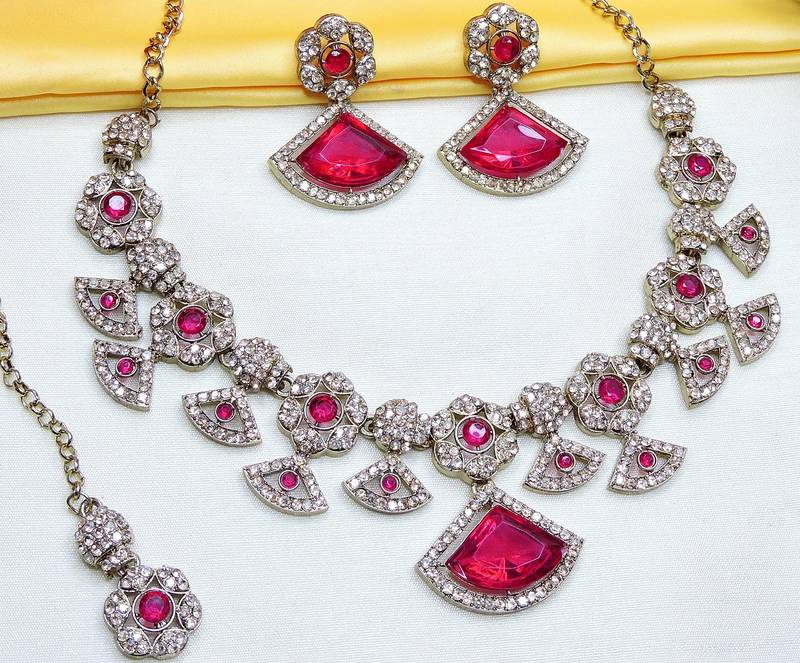 Pink yellow gold premium designer american diamond and stone work necklace set