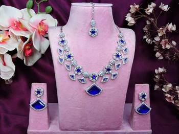 Blue rhodium premium designer american diamond and stone work necklace set 1