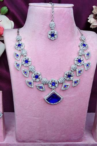Blue rhodium premium designer american diamond and stone work necklace set