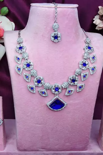 Blue rhodium premium designer american diamond and stone work necklace set