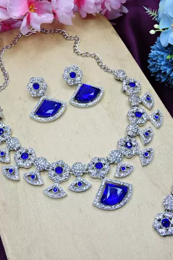 Blue rhodium premium designer american diamond and stone work necklace set