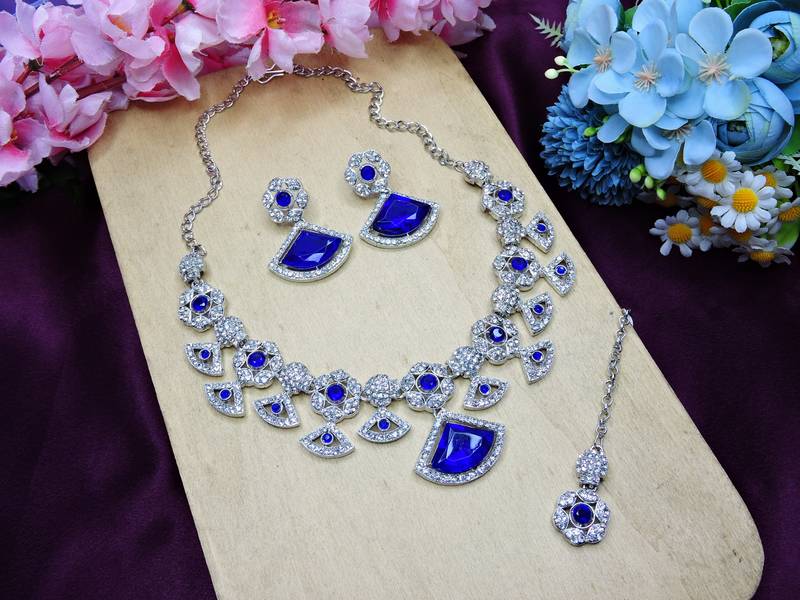 Blue rhodium premium designer american diamond and stone work necklace set