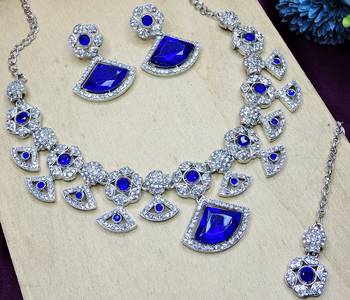 Blue rhodium premium designer american diamond and stone work necklace set 3
