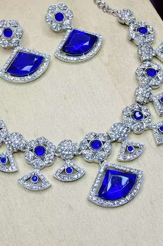 Blue rhodium premium designer american diamond and stone work necklace set