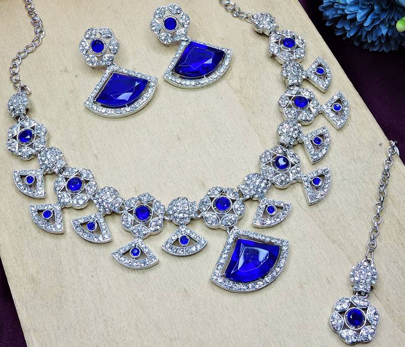Blue rhodium premium designer american diamond and stone work necklace set