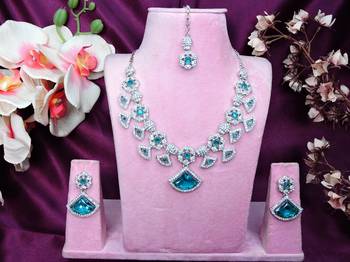 Green rhodium premium designer american diamond and stone work necklace set 1