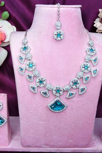 Green rhodium premium designer american diamond and stone work necklace set