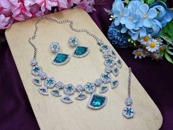 Green rhodium premium designer american diamond and stone work necklace set 2